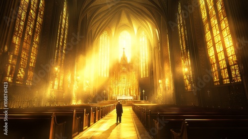 A man walks through a large, ornate church with stained glass windows