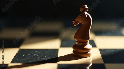 Carved Wooden Chess Knight on Polished Chessboard photo