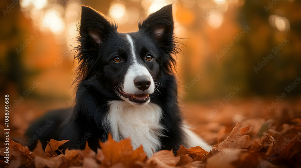 A Border Collie Dog Rests Amidst Autumn Leaves in a Golden Forest A Border Collie Dog Rests Amidst Autumn Leaves in a Golden Forest
