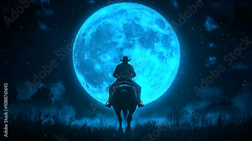 Silhouette of Cowboy Rides Horse Underneath a Giant Blue Moon at Night