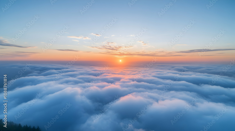 Sunrise paints pastel hues across a boundless expanse of clouds, creating a breathtaking aerial view of serene beauty. Sunrise paints pastel hues across a boundless expanse of clouds, creating a breathtaking aerial view of serene beauty.