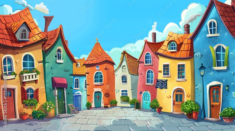 Naklejka premium A cartoon-style illustration of a street in a small town with brightly colored houses.