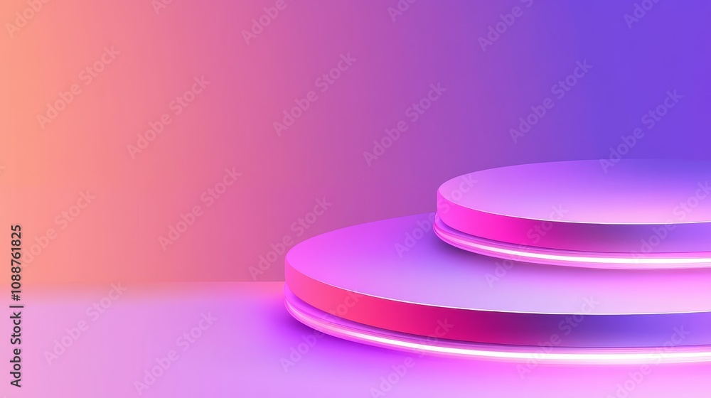 A minimalist design featuring circular platforms with vibrant gradient lighting. A minimalist design featuring circular platforms with vibrant gradient lighting.