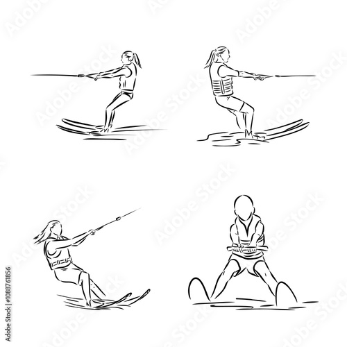 water ski girl, vector sketch illustration