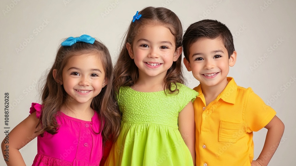 Cheerful portrait of three young children in vibrant clothing: pink, green, and yellow, smiling brightly against a neutral background. Siblings or friends. Cheerful portrait of three young children in vibrant clothing: pink, green, and yellow, smiling brightly against a neutral background. Siblings or friends.