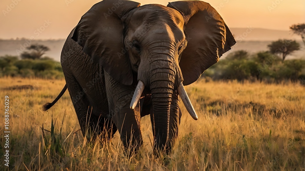 Fototapeta premium A lone elephant walks through tall grass at sunset.