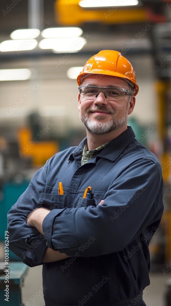 Confident industrial worker in protective gear smiles at camera, standing in manufacturing facility with arms crossed, embodying workplace safety and pride. Confident industrial worker in protective gear smiles at camera, standing in manufacturing facility with arms crossed, embodying workplace safety and pride.