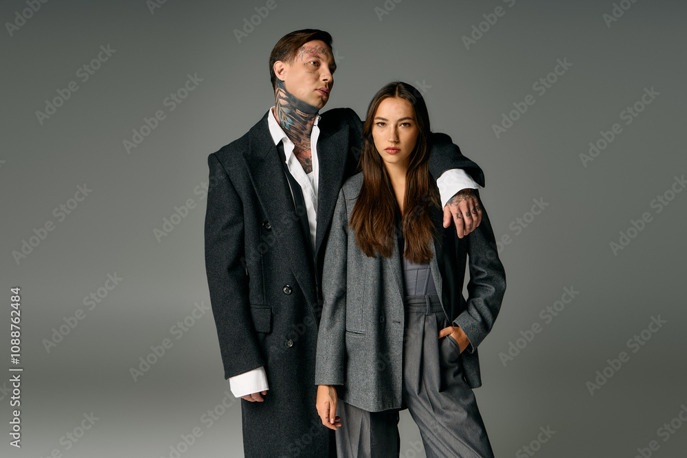 A fashionable young couple displays confidence in elegant gray attire, showcasing modern style. A fashionable young couple displays confidence in elegant gray attire, showcasing modern style.