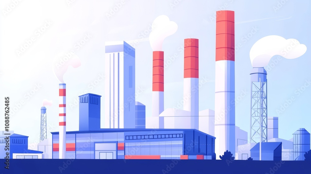 A stylized industrial landscape featuring factories and smokestacks emitting steam. A stylized industrial landscape featuring factories and smokestacks emitting steam.