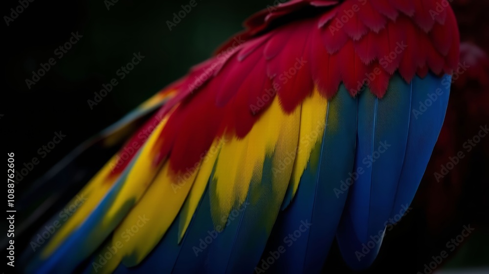 Fototapeta premium Parrot Feather with Red, Blue, and Yellow Hues