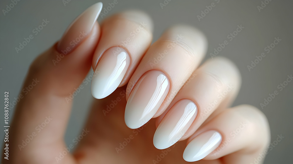 Close-up of Elegant Ombre Nails with a Soft White to Beige Gradient, showcasing Polished and Shaped Almond Nails on a Woman's Hand. Close-up of Elegant Ombre Nails with a Soft White to Beige Gradient, showcasing Polished and Shaped Almond Nails on a Woman's Hand.