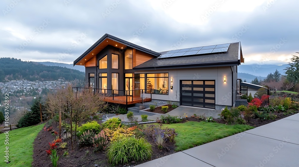 Luxurious modern home with contemporary architecture featuring a sleek design large windows wood and stone materials and a lush landscaped backyard with a scenic mountain backdrop in the distance Luxurious modern home with contemporary architecture featuring a sleek design large windows wood and stone materials and a lush landscaped backyard with a scenic mountain backdrop in the distance