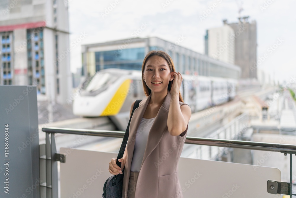 Portrait of a young asian woman with laptop bag in front a public skytrain in a subway terminal Portrait of a young asian woman with laptop bag in front a public skytrain in a subway terminal