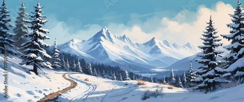 Wallpaper Mural Snow-covered pine trees frame a breathtaking view of majestic mountains in a serene winter wonderland, offering a tranquil escape into the beauty of nature. Torontodigital.ca