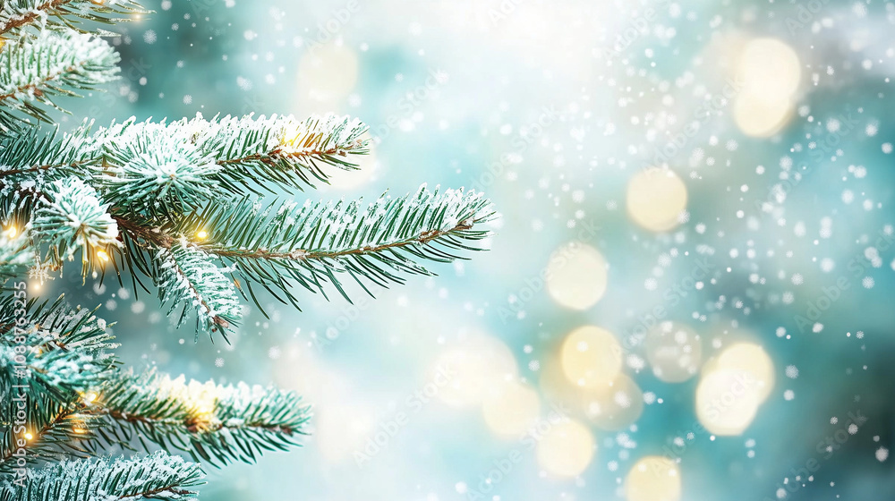 Enchanting Finnish blue spruce adorned with twinkling lights against a snowy backdrop, perfect for a magical Christmas card or banner. Enchanting Finnish blue spruce adorned with twinkling lights against a snowy backdrop, perfect for a magical Christmas card or banner.