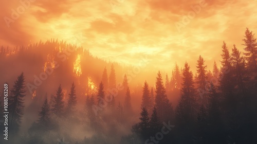 A surreal image of a forest fire blazing in the distance, with smoke billowing into the sky