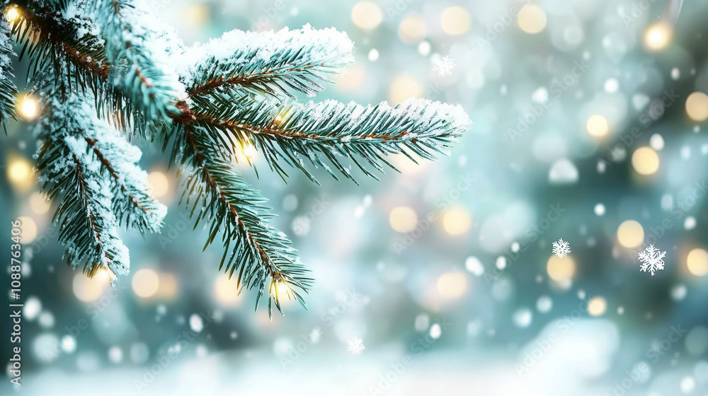 Enchanting Finnish blue spruce adorned with twinkling lights against a snowy backdrop, perfect for a magical Christmas card or banner. Enchanting Finnish blue spruce adorned with twinkling lights against a snowy backdrop, perfect for a magical Christmas card or banner.