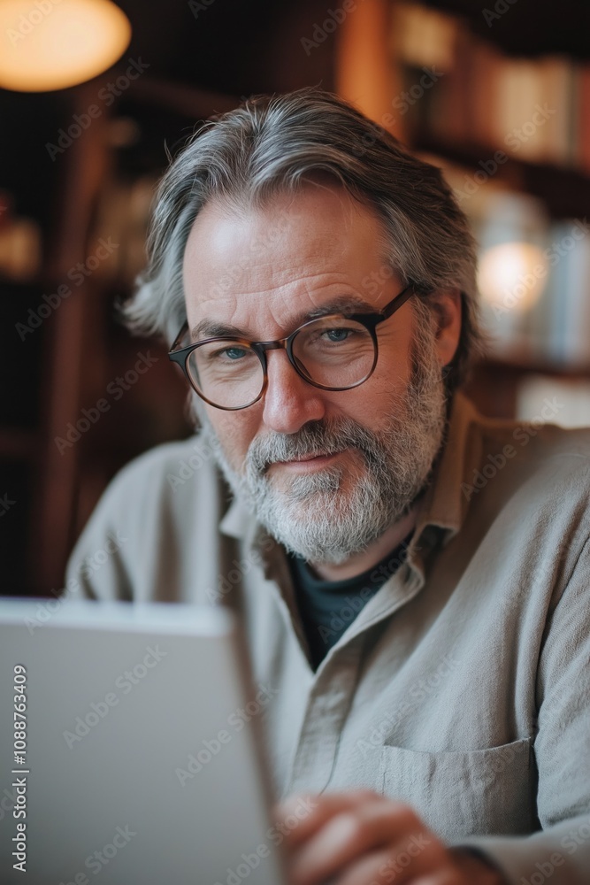A man with glasses is sitting at a table and using a tablet. He is focused on the screen, possibly working or browsing the internet. Concept of productivity and concentration A man with glasses is sitting at a table and using a tablet. He is focused on the screen, possibly working or browsing the internet. Concept of productivity and concentration