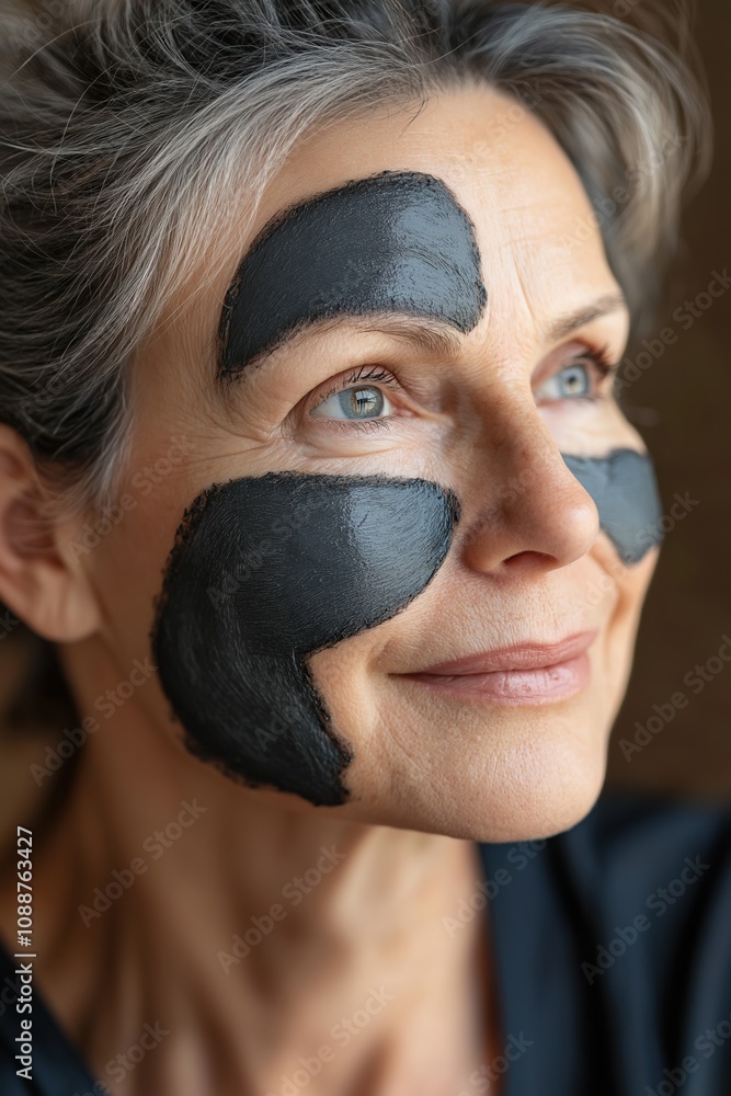 A woman with black face paint on her face. She is smiling. The woman is wearing a black dress A woman with black face paint on her face. She is smiling. The woman is wearing a black dress