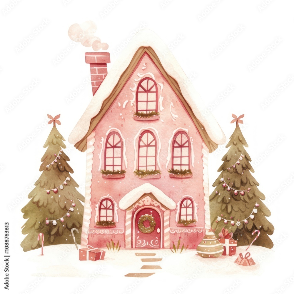 Fototapeta premium Pink gingerbread house illustration christmas confectionery.