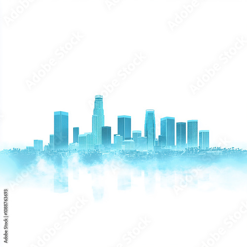 A cityscape with tall buildings emerging from a cloud of mist, with a white background.