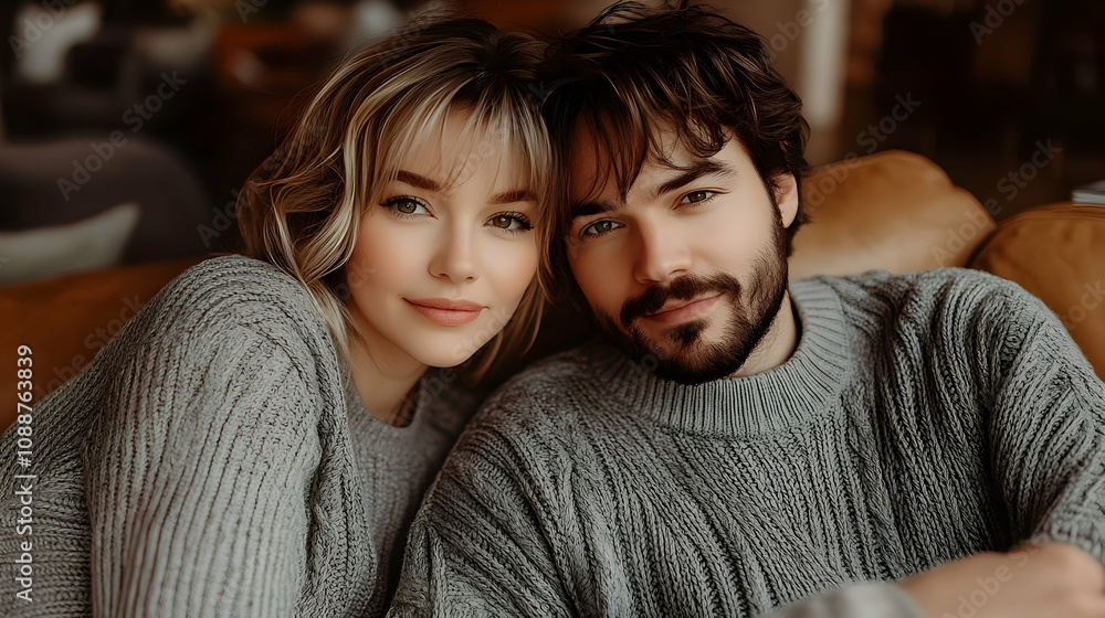 Close-up Photo of a Couple Wearing Grey Knit Sweaters, Intimate Portrait, Cozy Atmosphere Close-up Photo of a Couple Wearing Grey Knit Sweaters, Intimate Portrait, Cozy Atmosphere