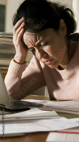 A stressed woman in a modern office holding her head with both hands, overwhelmed by work or deadlines, highlighting the emotional impact of pressure in a professional environment, showcasing workplac photo