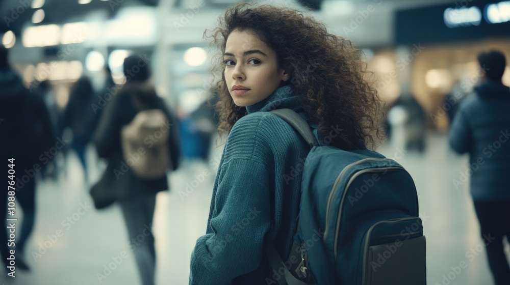 A young woman with curly hair in a busy transportation hub. A young woman with curly hair in a busy transportation hub.