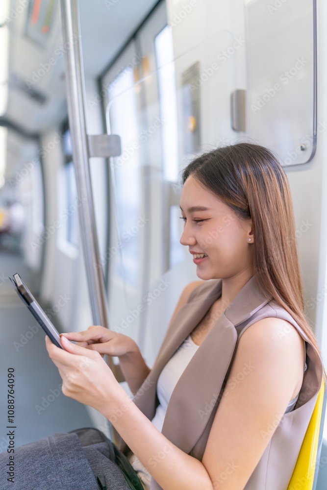 Asian Woman Using Tablet While Commuting To Work in a Public Train Asian Woman Using Tablet While Commuting To Work in a Public Train