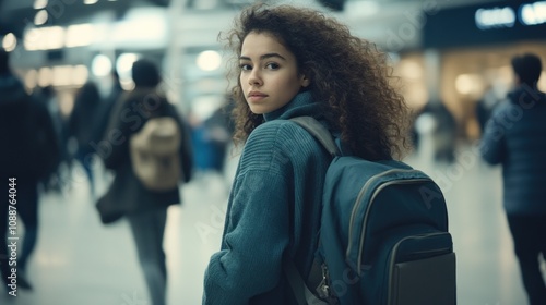 A young woman with curly hair in a busy transportation hub.