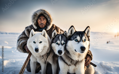 Traditional Inuit hunter with sled and huskies