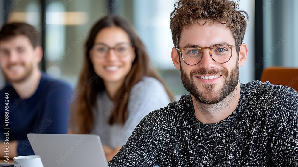 Diverse group of smiling young professionals collaborating and discussing in a modern technology driven office workspace Diverse group of smiling young professionals collaborating and discussing in a modern technology driven office workspace