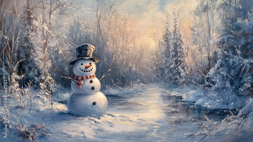 Fototapeta premium Snowman In Snowy Winter Wonderland