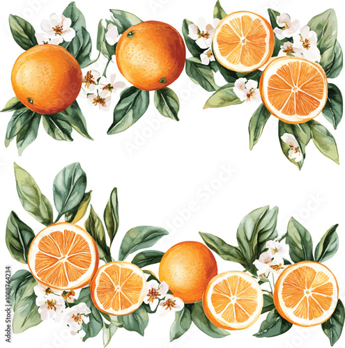 vector watercolor oranges with flowers border set on white, perfect for invitation card design, orange botanical Wedding Invitation, floral invite thank you,  modern card Design in oranges and flowers