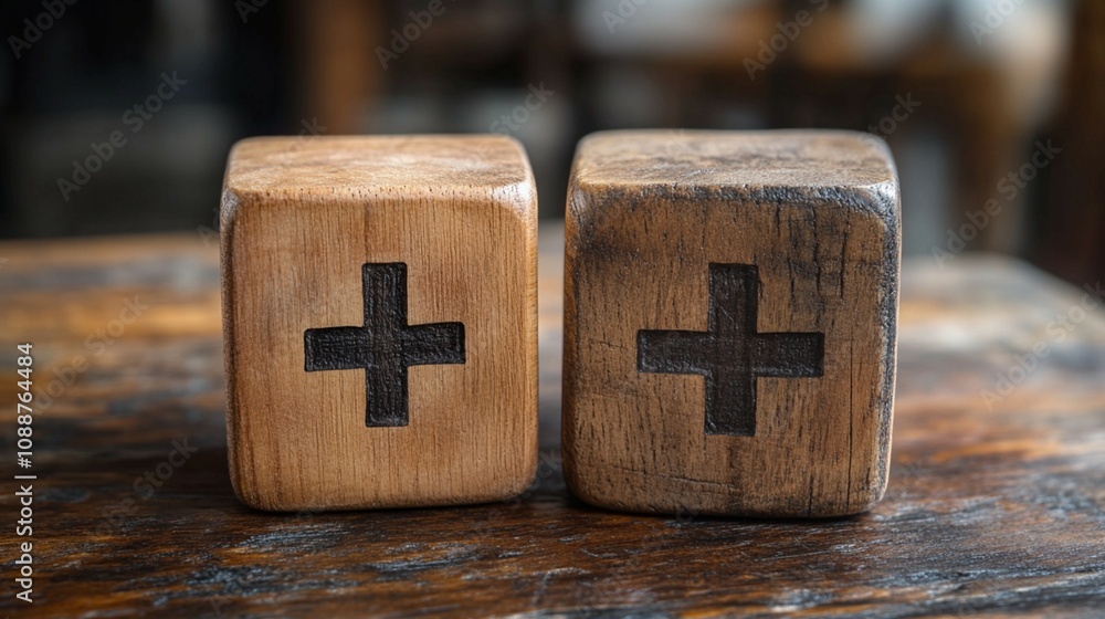 The wooden block showcases plus and minus signs, representing the duality of opposites, decision-making, and uncertainty. It examines the positive and negative facets of business choices, focusing on The wooden block showcases plus and minus signs, representing the duality of opposites, decision-making, and uncertainty. It examines the positive and negative facets of business choices, focusing on