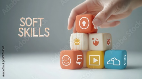 Soft skills concept. Used for presentation, banner. Hand puts wooden cubes with icons of "SOFT SKILLS" ; creativity, EQ, Problem solving, persuasion, collaboration, adaptability. on grey background.