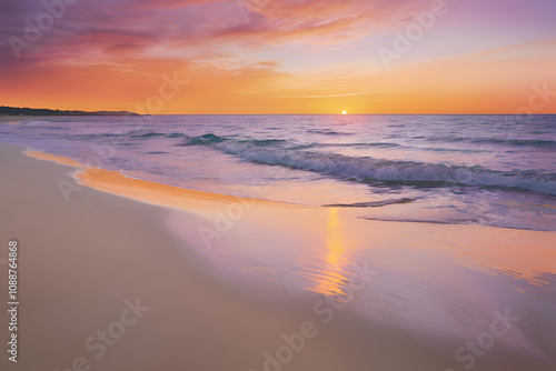 Create a realistic beach scene with a vibrant sunset, glowing orange and purple sky, reflecting on the calm ocean and soft sandy shore.