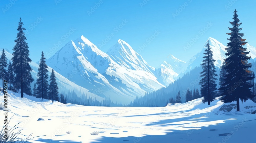 Fototapeta premium Snow-covered mountains under a clear blue sky, tall pine trees in the foreground, serene winter landscape, crisp and refreshing air, peaceful and majestic
