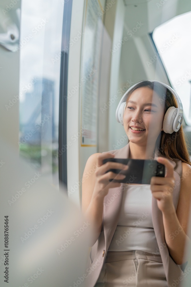 © StockPhotoRepublic - Asian Woman Using Phone and Headphones Listening To Music and Playing Games While Commuting To Work in a Public Train © StockPhotoRepublic - Asian Woman Using Phone and Headphones Listening To Music and Playing Games While Commuting To Work in a Public Train