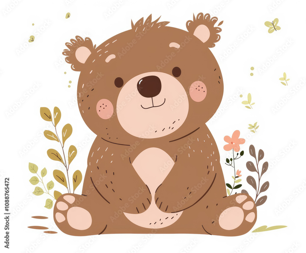 Fototapeta premium Cute baby bear on white background. Flat cartoon illustration