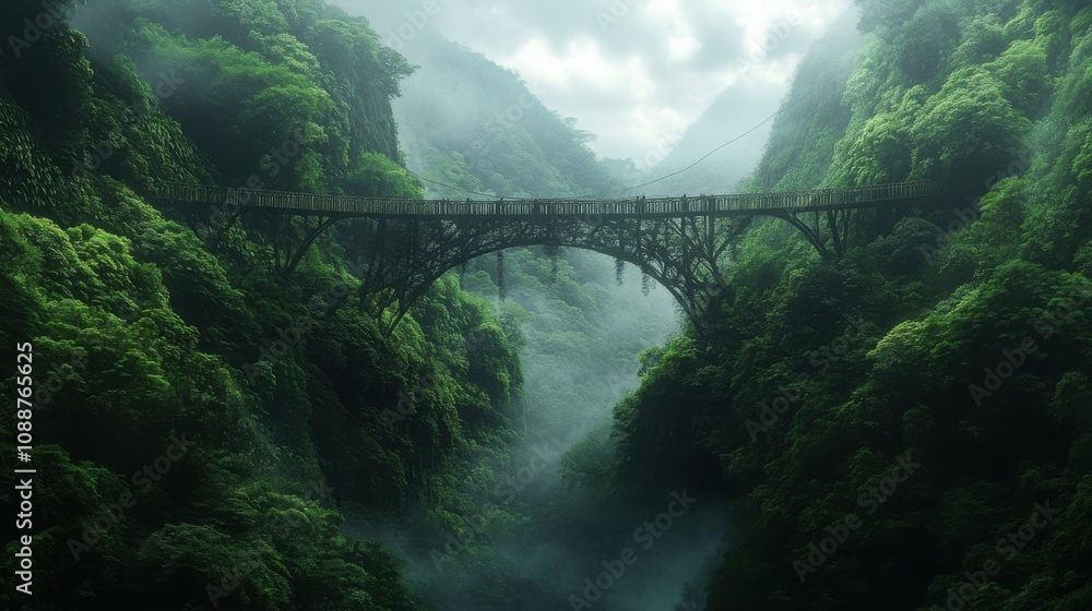 Fototapeta premium Bridge over a lush green gorge, high and scenic, adventure and exploration, natural landscape, dramatic and beautiful view.