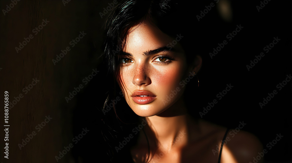 Sunlit Portrait of a Woman with Freckles, Intense Gaze, and Dark Hair Sunlit Portrait of a Woman with Freckles, Intense Gaze, and Dark Hair