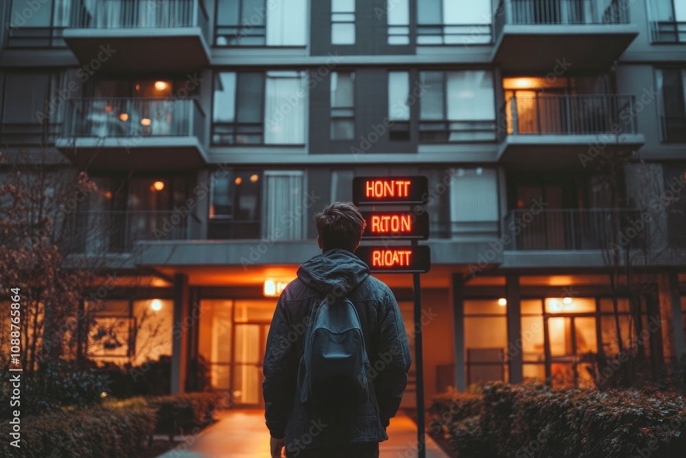 Naklejka premium A man walks past a building with neon signs.