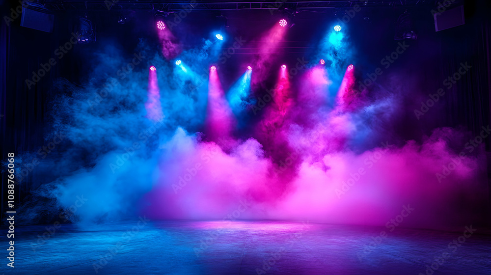 Naklejka premium Stage illuminated with pink and blue spotlights, smoky atmosphere, creating dramatic background for events