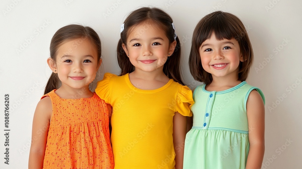 Three young girls in bright summer dresses smile cheerfully at the camera, showcasing friendship and joy. Their colorful outfits in orange, yellow, and mint green pop against the white background. Three young girls in bright summer dresses smile cheerfully at the camera, showcasing friendship and joy. Their colorful outfits in orange, yellow, and mint green pop against the white background.