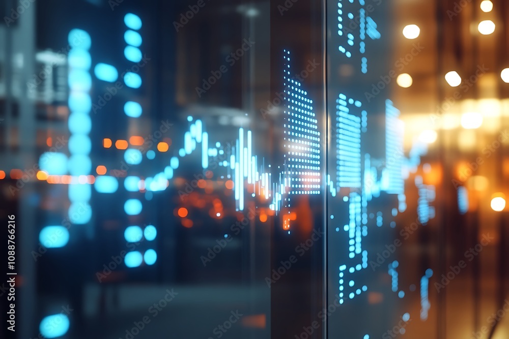 Naklejka premium Digital Data Display: Abstract Graphs, Lines, and City Lights Reflection.