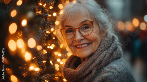 Cheerful elderly woman with glasses smiling next to festive Christmas lights in a bustling urban setting. Generative AI