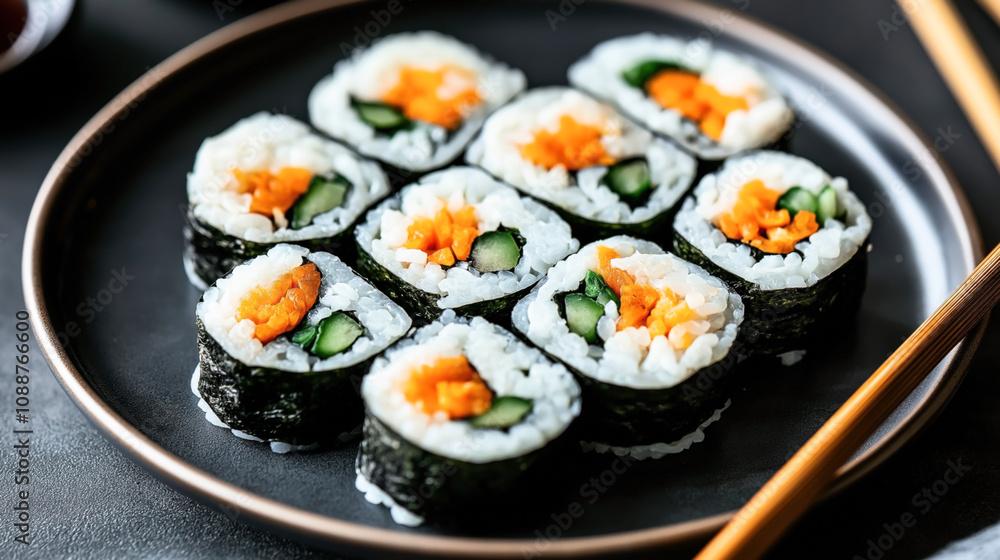 Close-up of vegetable sushi rolls with rice, carrot, and cucumber on a dark plate with chopsticks on a black table Close-up of vegetable sushi rolls with rice, carrot, and cucumber on a dark plate with chopsticks on a black table