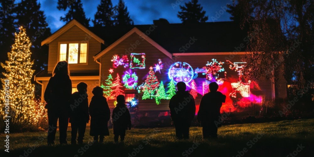 Medium shot of a family gathered in their front yard, watching the Christmas lights projector display holiday-themed images on their home. Medium shot of a family gathered in their front yard, watching the Christmas lights projector display holiday-themed images on their home.