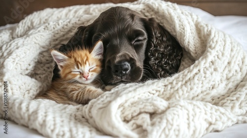 Adorable black dog and ginger kitten snuggle together, peacefully napping under a cozy white knit blanket, embodying warmth and companionship between different species.